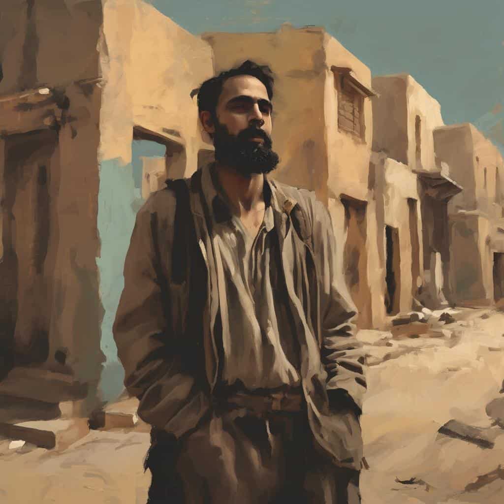 Μαύρος άντρας σε ερειπωμένη πόλη, εκφράζει συναισθηματικό κώδικα μέσω χρωμάτων και σκιάς.