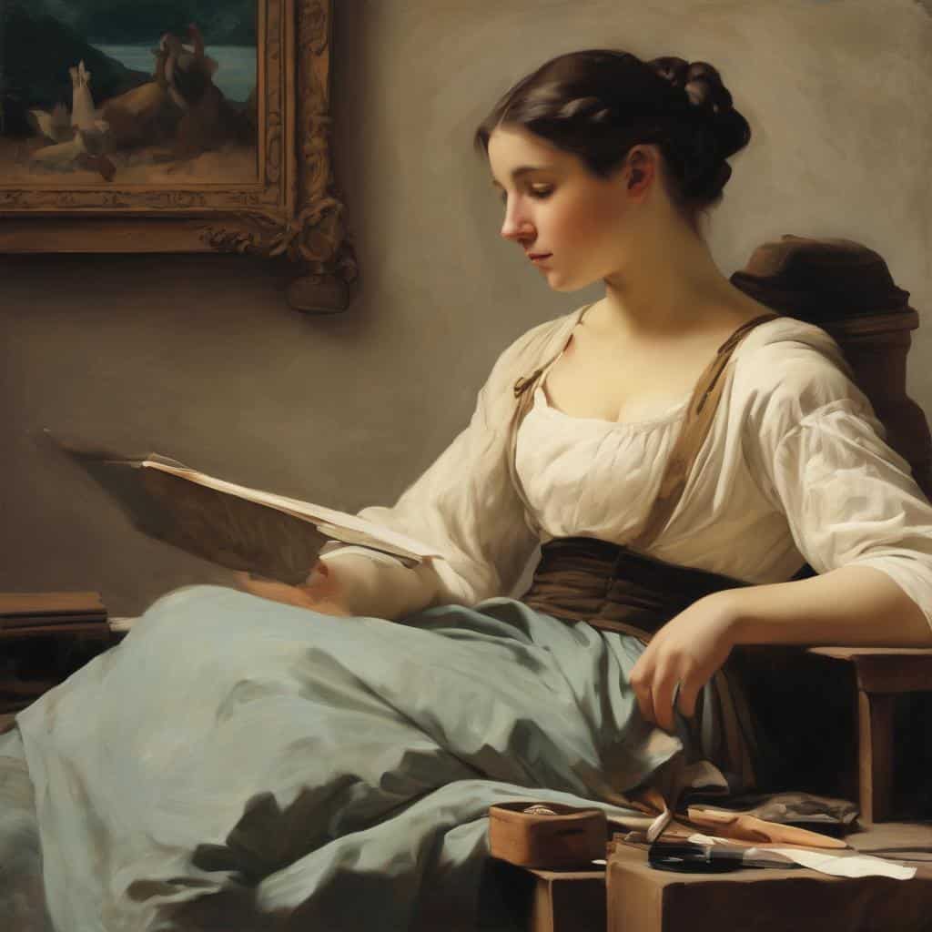 Ζεστός και απαλός φωτισμός περιγράφει το πορτρέτο γυναίκας διαβάζοντας βιβλίο, με έμφαση στα χρώματα και τα συναισθήματα του πίνακα.