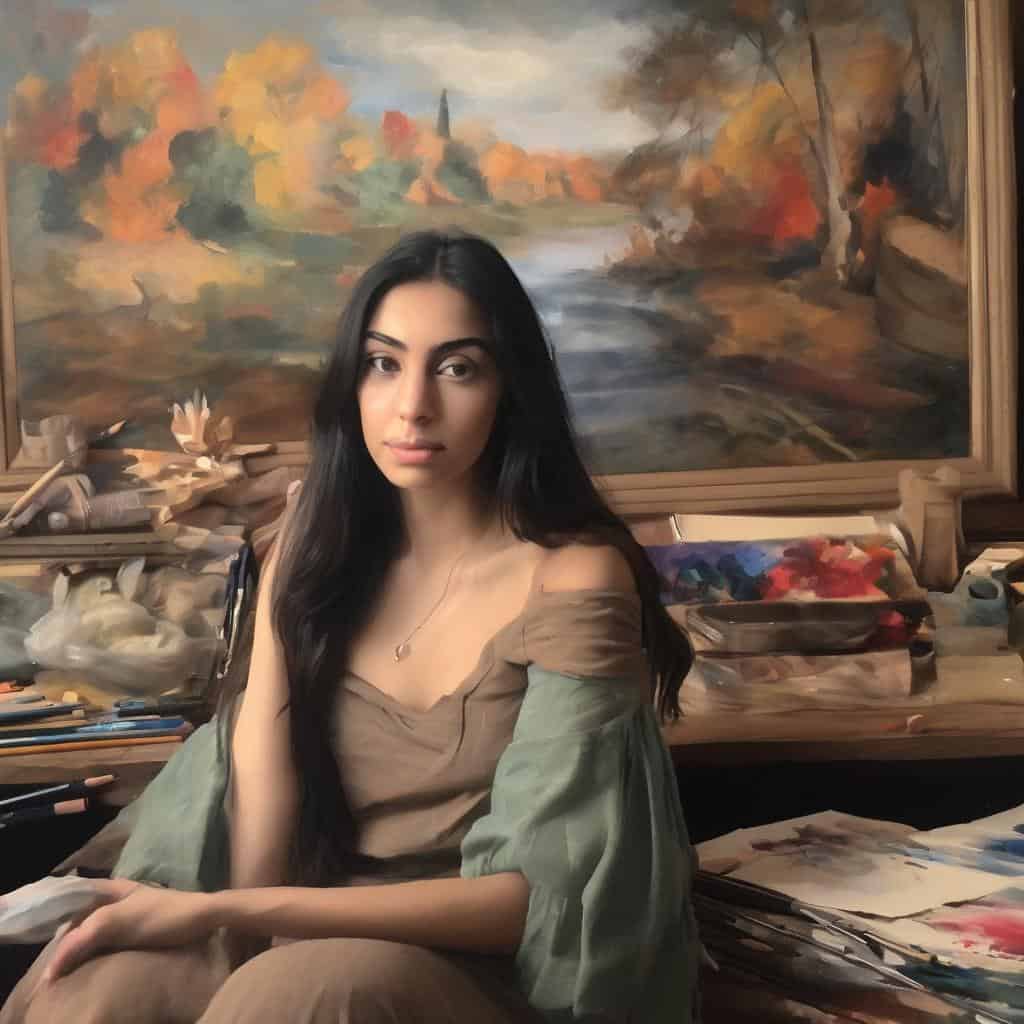 Ομορφη νεαρή γυναίκα στο εργαστήρι ζωγραφικής με πίνακα φθινοπώρου στο φόντο.