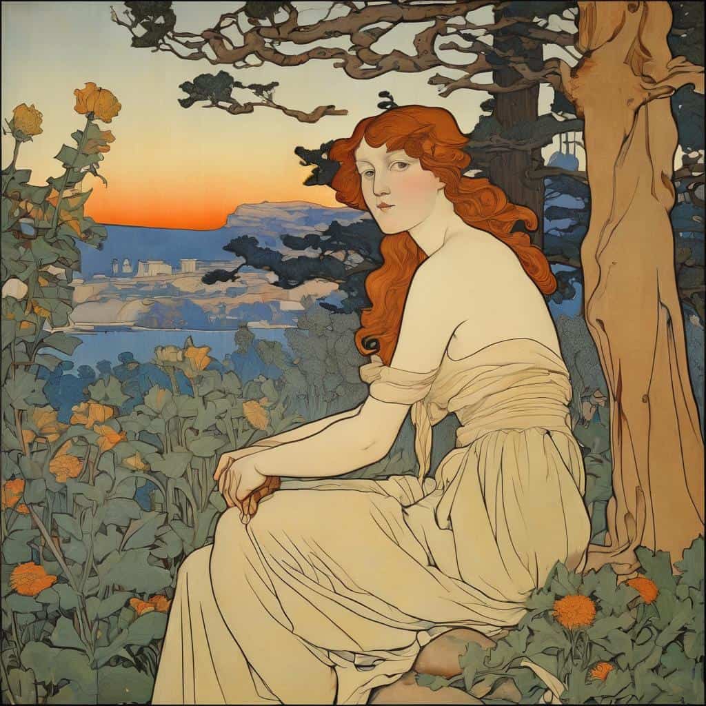 νεαρή γυναίκα με κόκκινα μαλλιά σε φυσικό τοπίο, πλούσιο χρώμα και συναισθηματικό κώδικα, έργο τέχνης, φύση και sunset, γυναικεία ομορφιά, τέχνη και φύση.