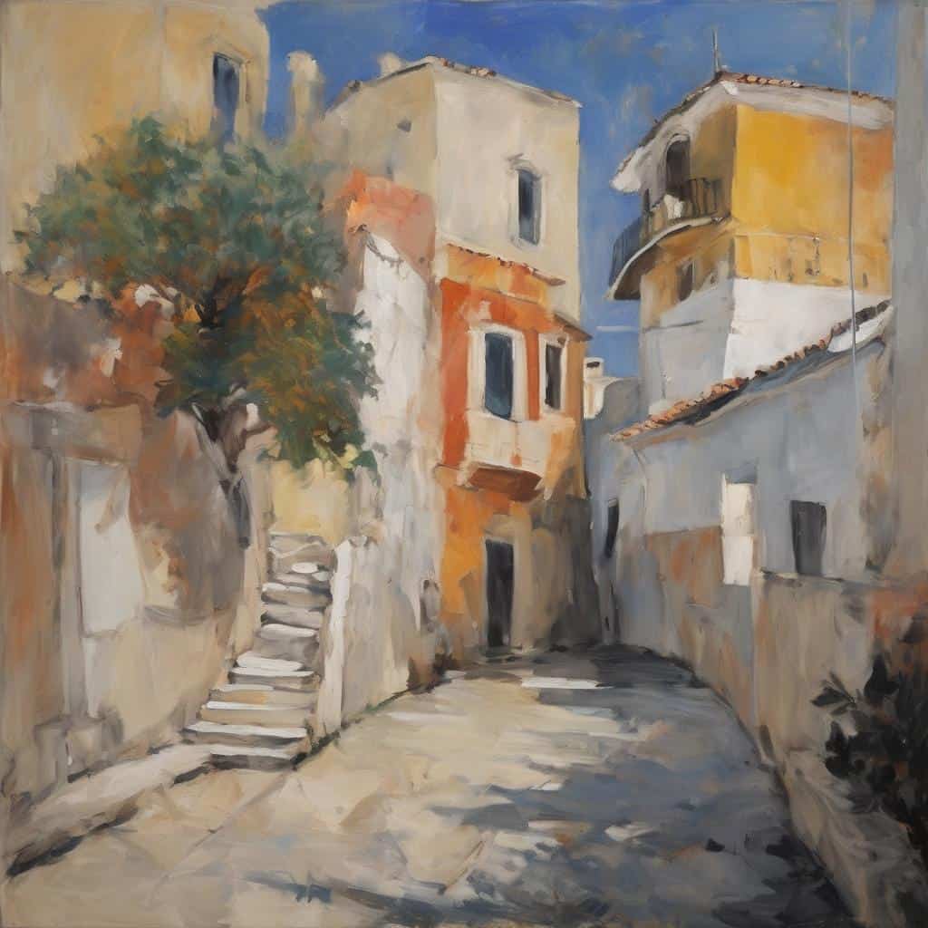 Ζωγραφική με πολύχρωμα κτίρια σε στενόδρομο, παλαιά αισθητική, με έμφαση στα χρώματα και στα συναισθήματα.